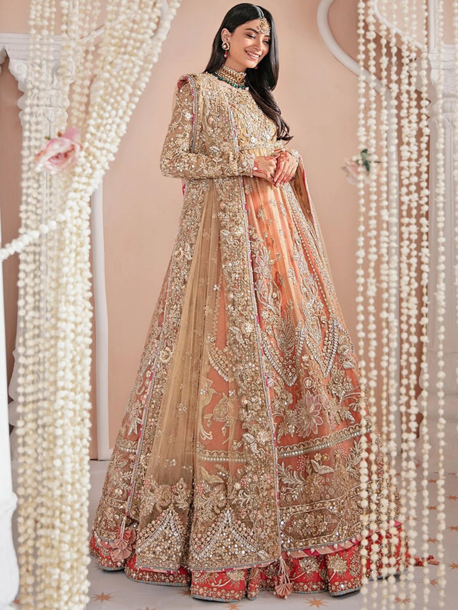 Pakistani Wedding Dress Peach Nikkah Lehnga Maxi Collection Embroidery