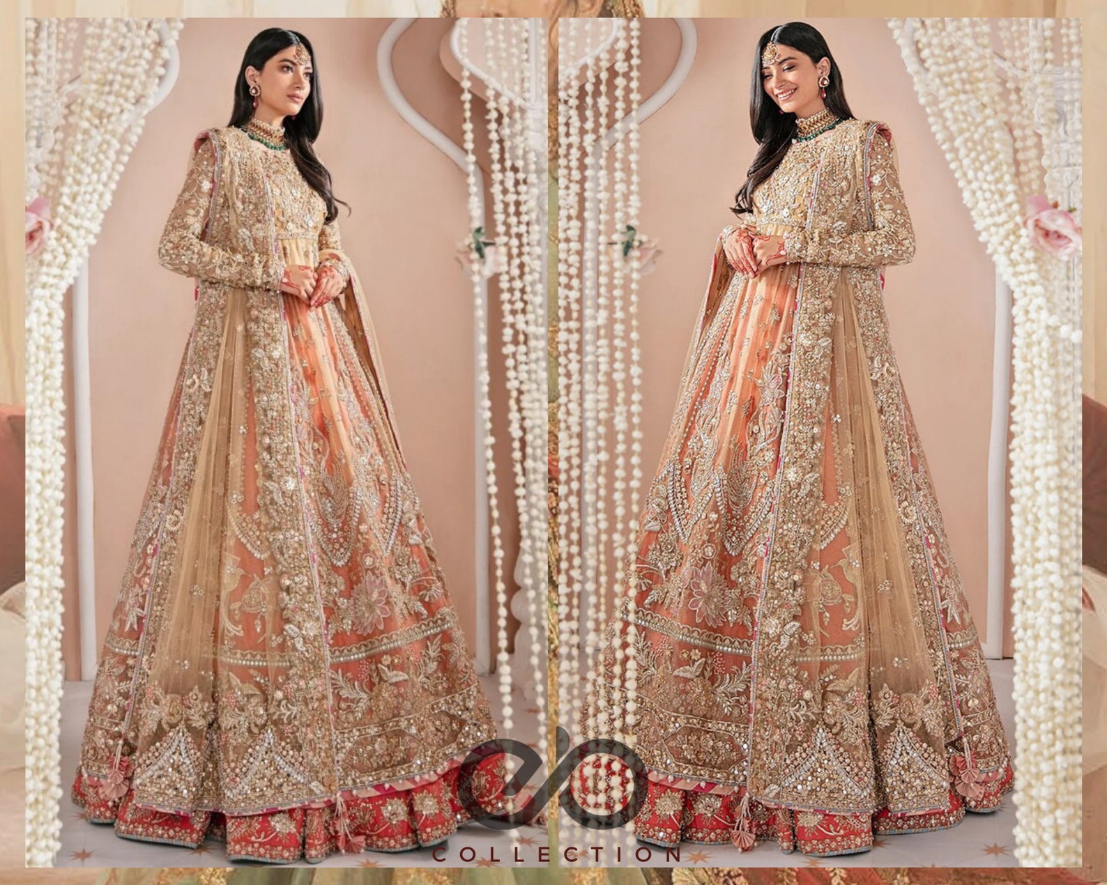 Pakistani Wedding Dress Peach Nikkah Lehnga Maxi Collection Embroidery