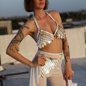 Iridescent Scale Festival Bra, Holographic Mermaid Bra Top, Handmade Rave Armor for Burning Man & Fantasy Costumes, Futuristic Top