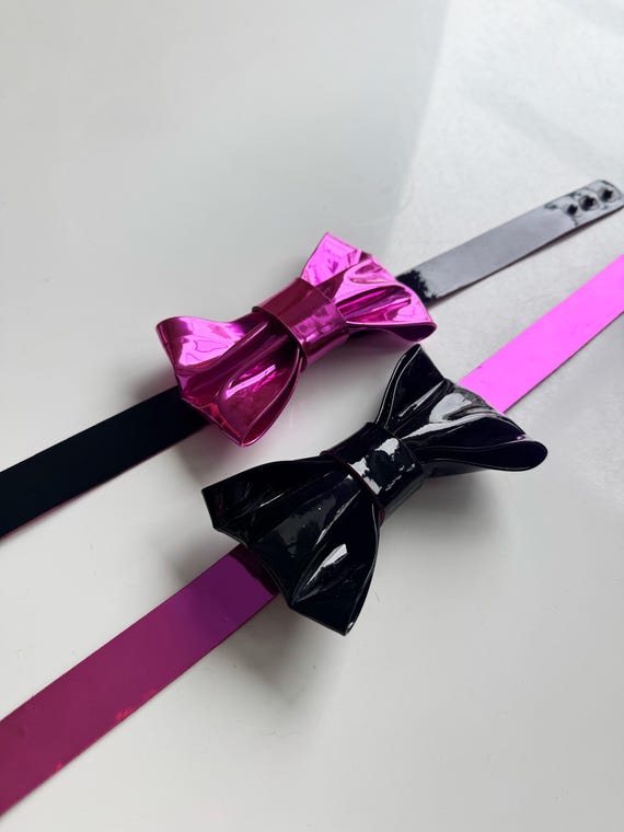 Faux Leather Bow Choker: Engraved Collar, Latex Look Necklace