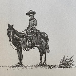 May include: A black and white pencil drawing of a person wearing a wide-brimmed hat riding a horse. The person is wearing a long-sleeved shirt and pants. The horse is standing on a grassy field with a plant in the background.