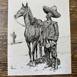Waiting with my amigo. A fine pencil sketch of a vaquero and his trusty steed in the desert. Giclée print. 8x10