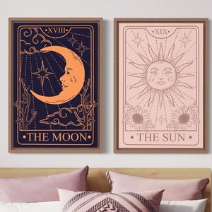 Juego de 2 impresiones artísticas de pósteres de luna y sol, carta del tarot, arte de pared místico, arte azul y rosa, celestial, decoración del hogar, arte bohemio, descarga digital
