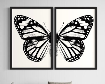 Monarch Butterfly Digital Art Poster Print Set of 2 Wall Art, Black and White, Trendy Art, Room Decor, Minimalistic Art, Digital Download