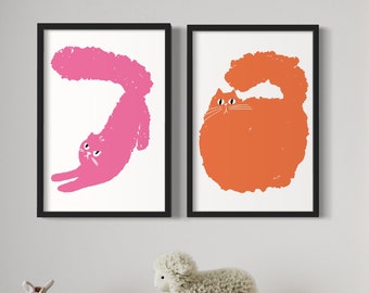 Set of 2 Playful Cat Wall Art Poster Prints, Pink Orange Colorful Wall Art, Cartoon Cats, Kid’s Room Home Decor, Wall Art, Digital Download