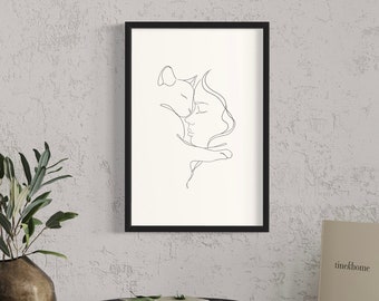 Linie Kunstdruck Poster Wandkunst Süße Katze und Frau, Umriss, minimalistische Tier Linie Kunst, Wand Wohnkultur, modern, Kunst Digitale Kunst Download