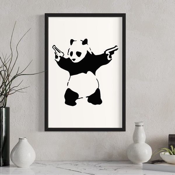 Street Art Panda Artwork, Wall Art Poster Print, Black and White, Graffiti Art, Bristol Street Style, Home Decor, Digital Download Printable