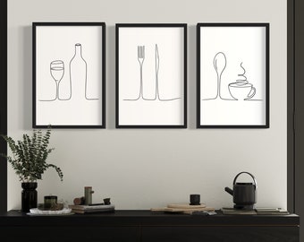 Kitchen Posters Set of 3 Wall Art Prints, Black White Minimalistic, One Line Art, Gallery Wall, Wine Coffee Cutlery, Digital Download