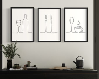 Küchen Poster 3er Set Wand Kunst Drucke, Schwarz Weiß Minimalistisch, One Line Art, Galeriewand, Wein Kaffee Besteck, Digital Download