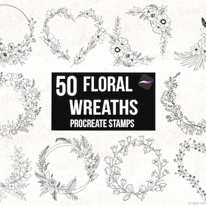 50 Flower Wreath Procreate Stamps, Botanical Line Art, Floral Procreate Brushes (Digital Download)