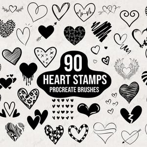 90 Heart Doodles Procreate Stamps: Love Hearts Designs Procreate Brushes (Digital Download)