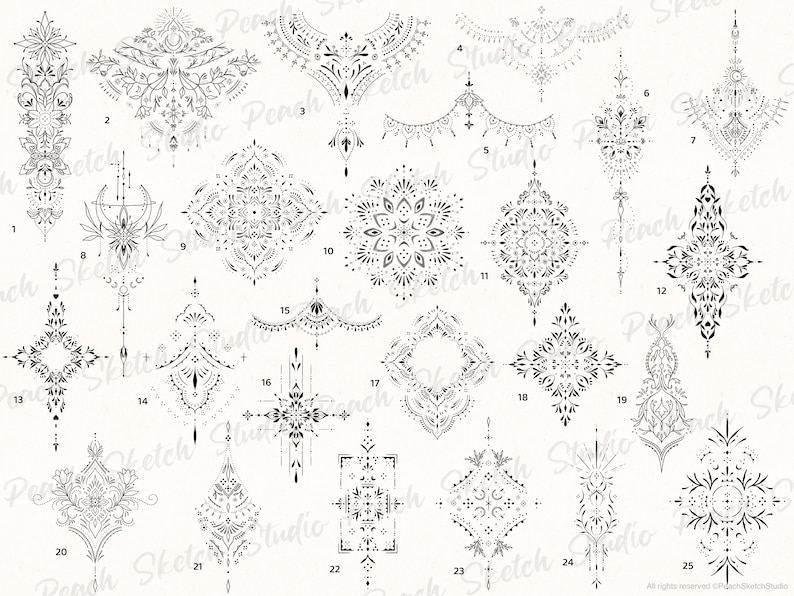 100 Procreate Ornamental Tattoo Stamps, Large Ornate Designs, Fine Line ...