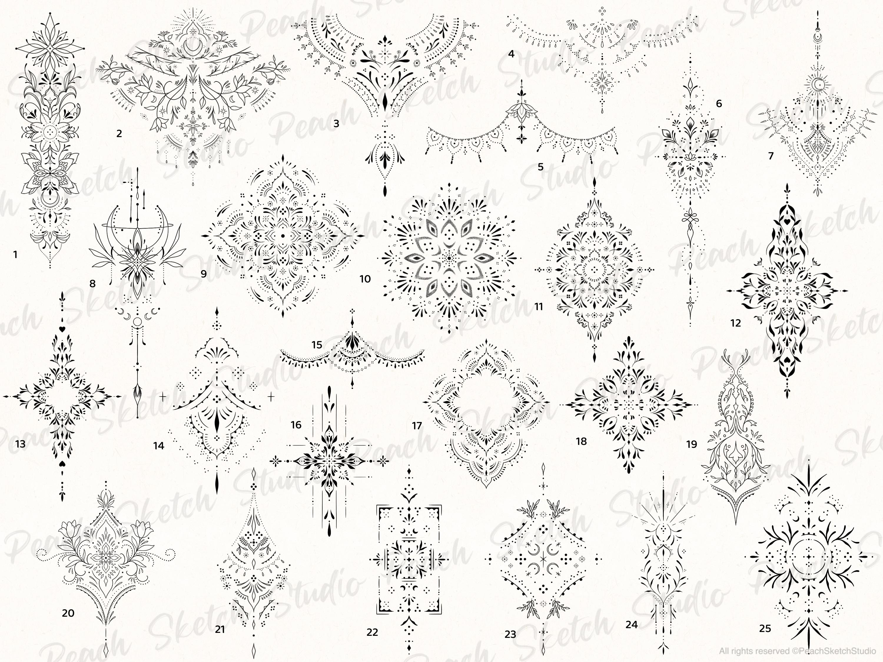 100 Procreate Ornamental Tattoo Stamps, Large Ornate Designs, Fine Line ...