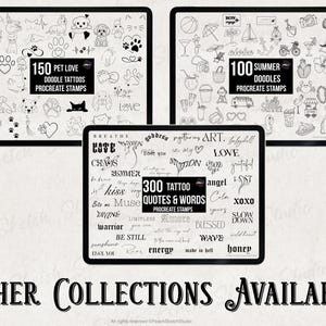 A display of other procreate brush sets available which include ‘150 Pet and Animal Love Tattoo Designs’, ‘300 Quotes and Words’ and ‘100 Summer Doodle Designs’. These can be found in the shop for Peach Sketch Studio.