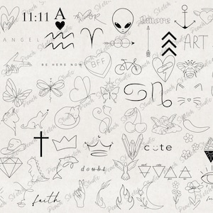 A selection of the tattoo designs included are shown at random across the page with black fine lines. Original, hand drawn and high quality designs. They have clear lines and designs include butferfly, alien. doodle motifs, quote tattoos, numbers, animals, line art. Perfect for flash patchwork tattoo sheets. These Procreate Brush Stamps can be used in tattoo stencils, templates, website branding & illustration, scrapbooking, stickers and many other creative craft projects.