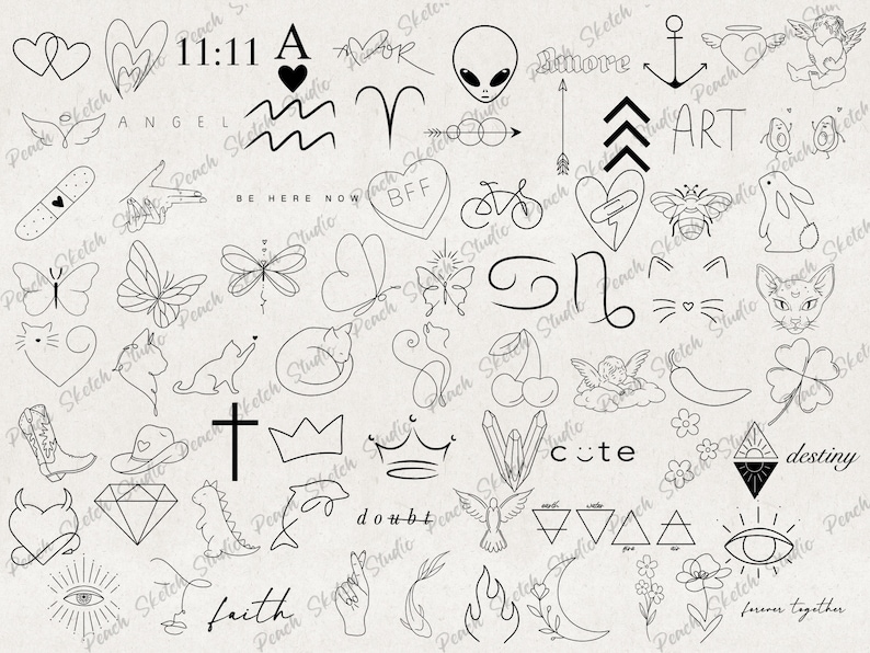A selection of the tattoo designs included are shown at random across the page with black fine lines. Original, hand drawn and high quality designs. They have clear lines and designs include butferfly, alien. doodle motifs, quote tattoos, numbers, animals, line art. Perfect for flash patchwork tattoo sheets. These Procreate Brush Stamps can be used in tattoo stencils, templates, website branding & illustration, scrapbooking, stickers and many other creative craft projects.