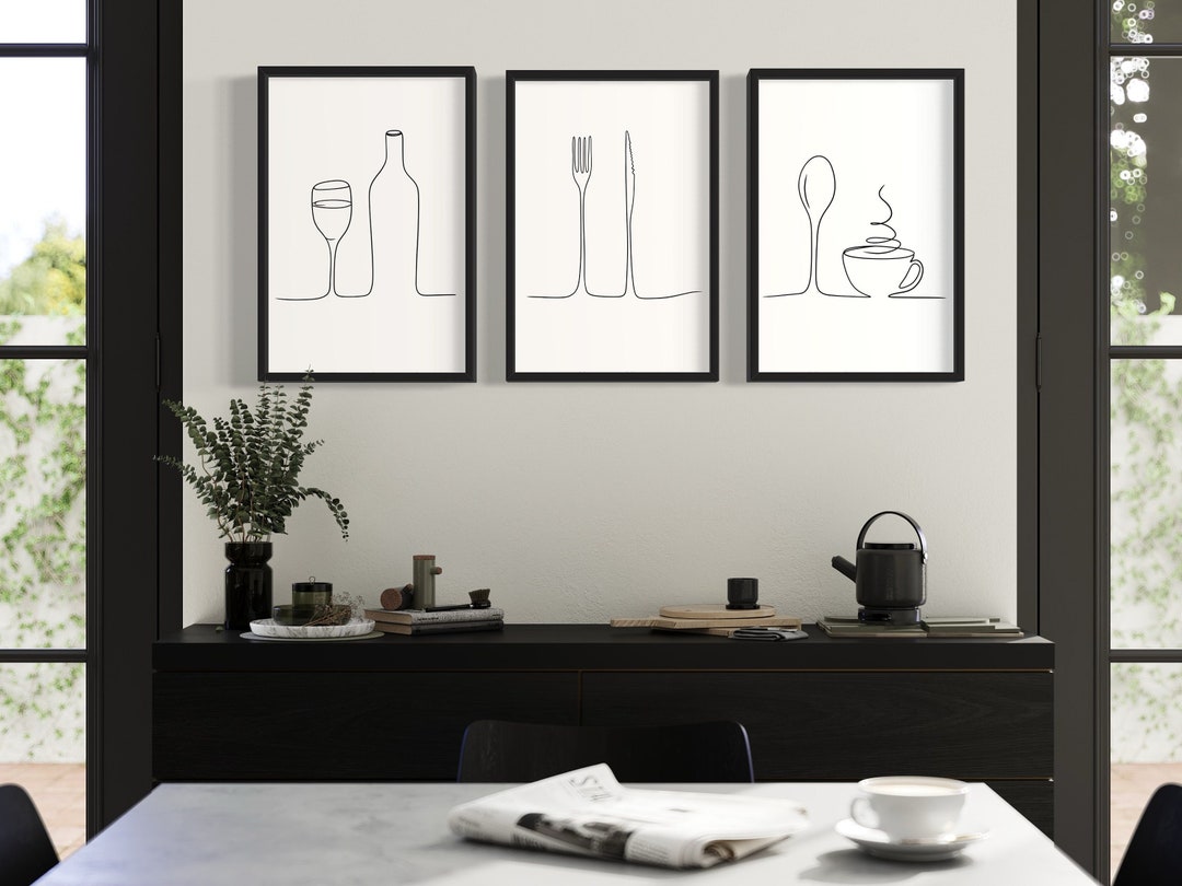 abstract kitchen art prints: modern line drawing set... Minimalistic Kitchen Prints, Set of 3 Wine, Coffee, Cutlery Line Art ...