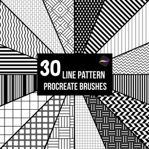Könnte beinhalten: Eine Sammlung von 30 Procreate-Pinseln mit schwarzen und weißen Linienmustern. Die Pinsel sind in einem radialen Muster angeordnet, wobei jeder Pinsel ein anderes geometrisches Design erzeugt.