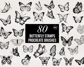 Procreate 80 Butterfly Stamp Brushes, Tattoo Stencil Brush Pack, Detailed Butterflies Brush Set, Commercial Use, Hand-drawn Digital Download