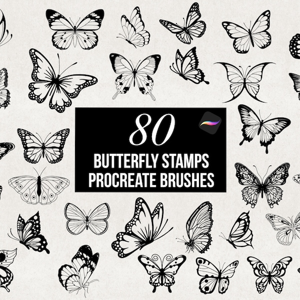 Procreate 80 pinceles de sello de mariposa, paquete de pinceles de plantilla de tatuaje, conjunto detallado de pinceles de mariposas, uso comercial, descarga digital dibujada a mano