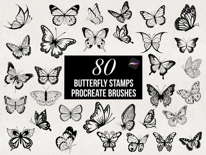 Procreate 80 Butterfly Stamp Brushes, Tattoo Stencil Brush Pack, Detailed Butterflies Brush Set, Commercial Use, Hand-drawn Digital Download image 1