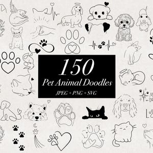 150 Ilustraciones de Doodle de mascotas animales Flash Tattoo SVG PNG JPEG Diseños, Doodle Clip Art, Pata de gato de perro, Archivos de corte de alta calidad Descarga digital