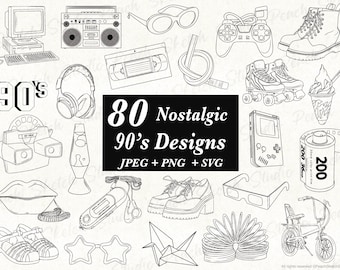 80 modèles rétro des années 90 : PNG SVG JPEG dessin au trait illustrations clipart pochoir (téléchargement numérique)