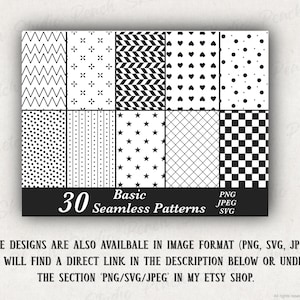 These patterns are also available in PNG, SVG and JPEG image format which you can find in the shop for Peach Sketch Studio or through the link in the description here, shown in text below a preview image for the main listing photo for the image files collection.