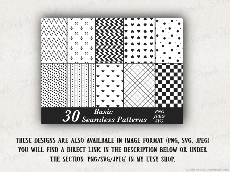 These patterns are also available in PNG, SVG and JPEG image format which you can find in the shop for Peach Sketch Studio or through the link in the description here, shown in text below a preview image for the main listing photo for the image files collection.