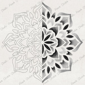 One Mandala design shown with one half being dotwork shading and the other only the outline. Whole page example showing details.