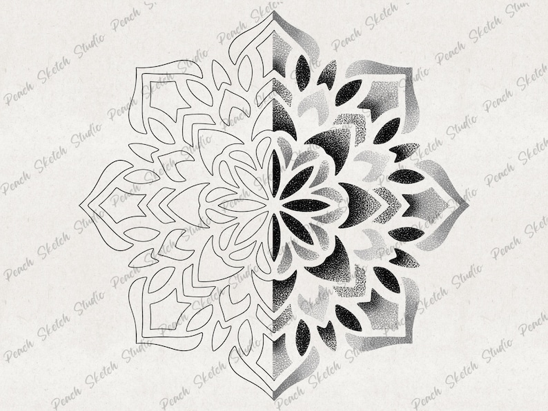 One Mandala design shown with one half being dotwork shading and the other only the outline. Whole page example showing details.