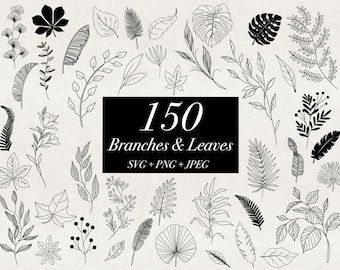 150 Branches & Leaves Bundle SVG PNG JPEG, Delicate Plant Line Botanical Tropical Leaves Clip Art Floral Bundle, Wedding Art, Digital