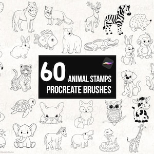 60 Animal Doodles Procreate Stamps, Pets Wildlife Line Art Designs, Procreate Brushes (Digital Download)