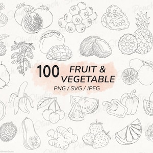100 Fruit & Vegetable PNG SVG JPEG Line Art Illustrations, Hand Drawn Fruit Vector Clipart (Digital Download)