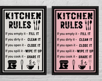 Kitchen Rules Sign Print, Funny Kitchen Art, White Pink Dining Room Wall Art Home Decor, Printable, Digital Download, Humorous Kitchen Decor