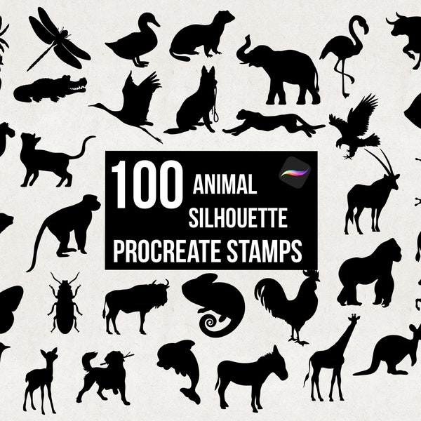 Procreate 100 Animal Silhouette Stamp Brushes, Tattoo Brush Pack, Dog Cat Tiger Koala Wild Animal Silhouette Shapes Hand-drawn Digital