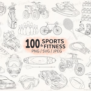 100 Sport- und Fitness-Designs, SVG, PNG, JPEG, Workout-Sport-Icons, handgezeichnete Linienkunst, Vektor-Cliparts (Digitaler Download)