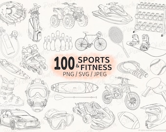 100 modelli di sport e fitness: SVG PNG JPEG Clipart di allenamento (download digitale)