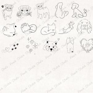A collection designs included with black fine lines. Illustrations include simple cat line art,  a pug, cat, dog, rabbit, and paw prints, floral heart wreath, sleeping cat, dog with heart tail. Perfect designs for flash tattoo stencils, clip art, stickers, decals, scrapbooking, digital journals, logos and website illustration, colouring books. These original hand drawn designs have been popular as patchwork tattoo flash sheets due to the fine line details.