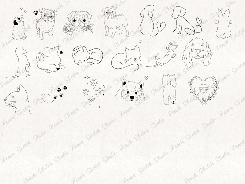 A collection designs included with black fine lines. Illustrations include simple cat line art,  a pug, cat, dog, rabbit, and paw prints, floral heart wreath, sleeping cat, dog with heart tail. Perfect designs for flash tattoo stencils, clip art, stickers, decals, scrapbooking, digital journals, logos and website illustration, colouring books. These original hand drawn designs have been popular as patchwork tattoo flash sheets due to the fine line details.
