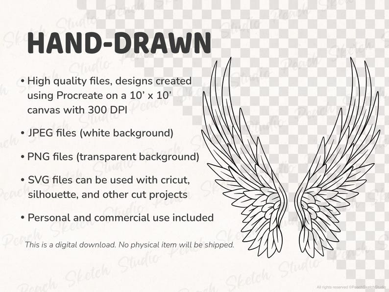 Information image stating, high quality and hand drawn designs created  using Procreate on a 10’x10’ canvas with 300dpi. JPEG’s have a white background, PNG’s have a transparent background,  SVG files are compatible with Cricut, Silhouette, and other cutting machines. One of the wing designs is shown in full with an example of the transparent background.