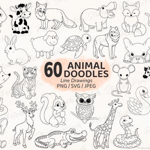 60 Animal Doodles, PNG SVG JPEG, Doodle Line Illustrations Clipart Vector Bundle (Digital Download)