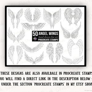 These designs are also available in Procreate Brush Stamps which you can find in the shop for Peach Sketch Studio or through the link in the description here, shown in text below a preview image for the main listing photo for the Procreate Stamps.