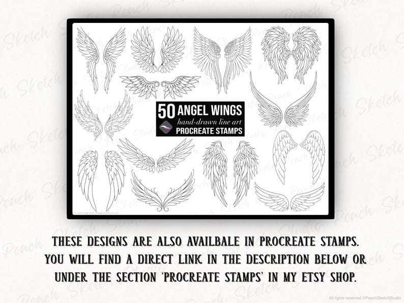 These designs are also available in Procreate Brush Stamps which you can find in the shop for Peach Sketch Studio or through the link in the description here, shown in text below a preview image for the main listing photo for the Procreate Stamps.