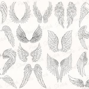 Display of some of the angel wing designs included in JPEG, PNG and SVG format. Each one is hand drawn with black fine lines with delicate details. The line drawings shown are mixed positions of the wings and styles.