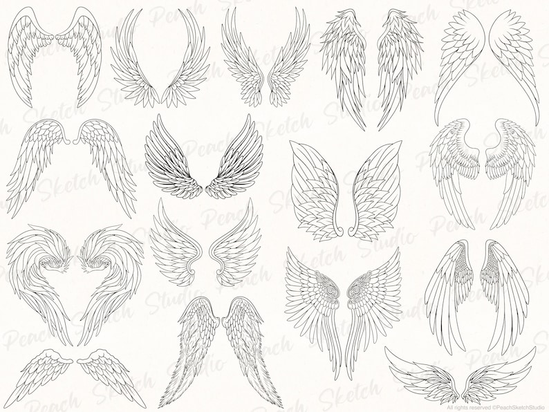 Display of some of the angel wing designs included in JPEG, PNG and SVG format. Each one is hand drawn with black fine lines with delicate details. The line drawings shown are mixed positions of the wings and styles.