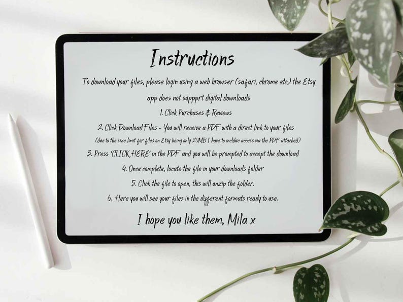 Download instructions for image files which are also shown in listing description. Text shown on an iPad screen also instructions shown in the listing description.