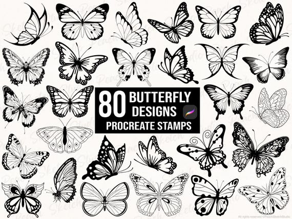 80 Butterfly Procreate Stamps, Butterflies Tattoo Designs Stencils, Procreate Brushes (Digital Download)