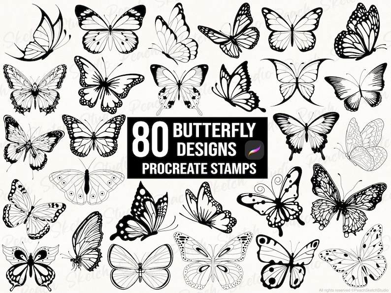 A set of 80 butterfly stamps designs for Procreate. The stamps are hand-drawn, detailed and shown in black with various butterflies in different poses. Procreate brush stamps set ready to be used in your digital projects either personal or commercial.
