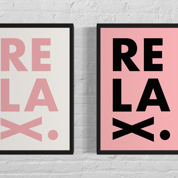 RELAX Typography Word Art Wall Print Set of 2, Pink White Poster Prints, Minimalistic, Home Decor, Digital Download, Printable Gallery Wall